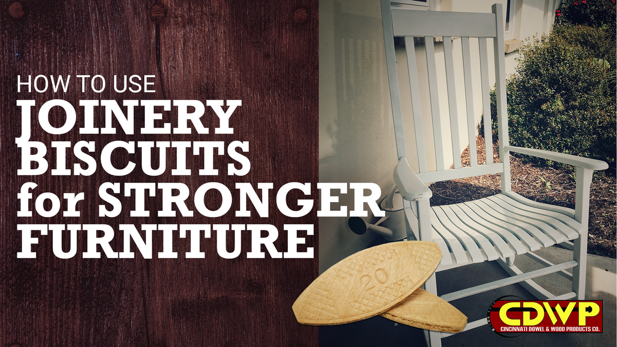 A rocking chair on a porch. The text reads, "How to Use Joinery Biscuits for Stronger Furniture" 